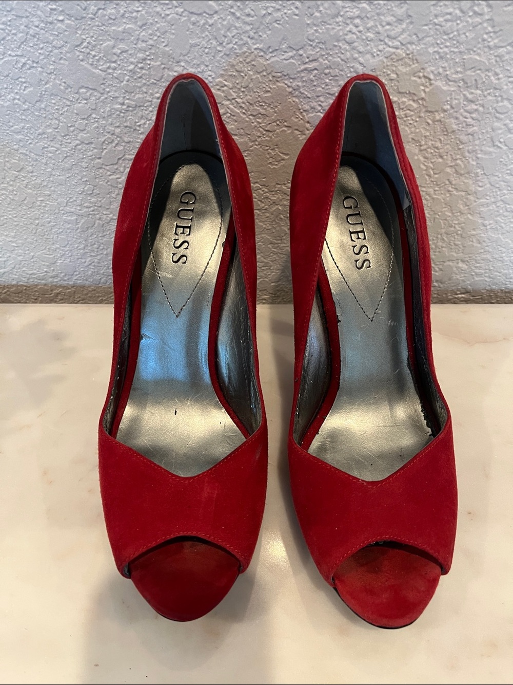 GUESS Red Suede Peep-Toe Pumps